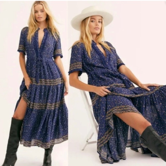 Free People Dresses & Skirts - Free People Rare Feelings Maxi Floral Dress Navy Orange Size XS